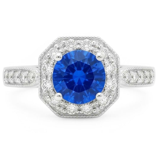 1.5 Ct Sapphire And Natural Earth Mined Diamond Wedding Ring 14K White Gold