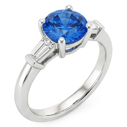 1.5 Ct Sri Lanka Sapphire And Baguette Natural Earth Mined Diamond 3 Stone Ring
