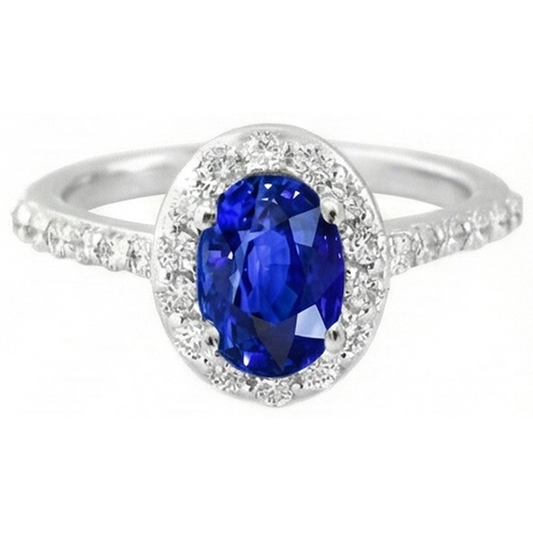 1.50 Ct Oval Cut Ceylon Sapphire Natural Earth Mined Diamond Ring 14K White Gold