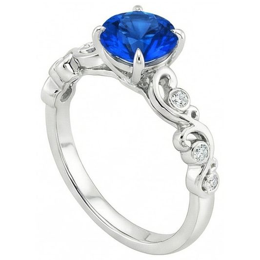 1.60 Ct Blue Round Sapphire And Natural Earth Mined Diamond Ring