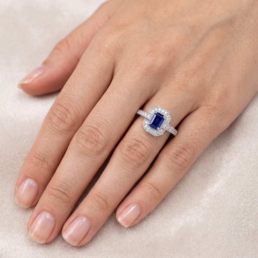 1.70 Carats Emerald Cut Ceylon Sapphire Natural Earth Mined DIAMOND ( NOT LAB GROWN ) Ring White Gold 14K