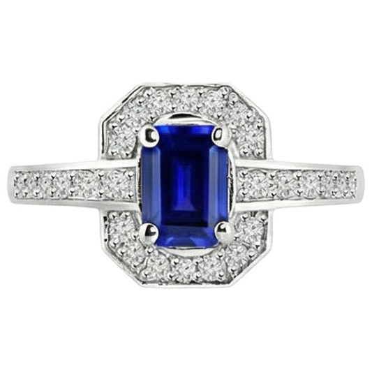 1.70 Carats Emerald Cut Ceylon Sapphire Natural Earth Mined DIAMOND ( NOT LAB GROWN ) Ring White Gold 14K