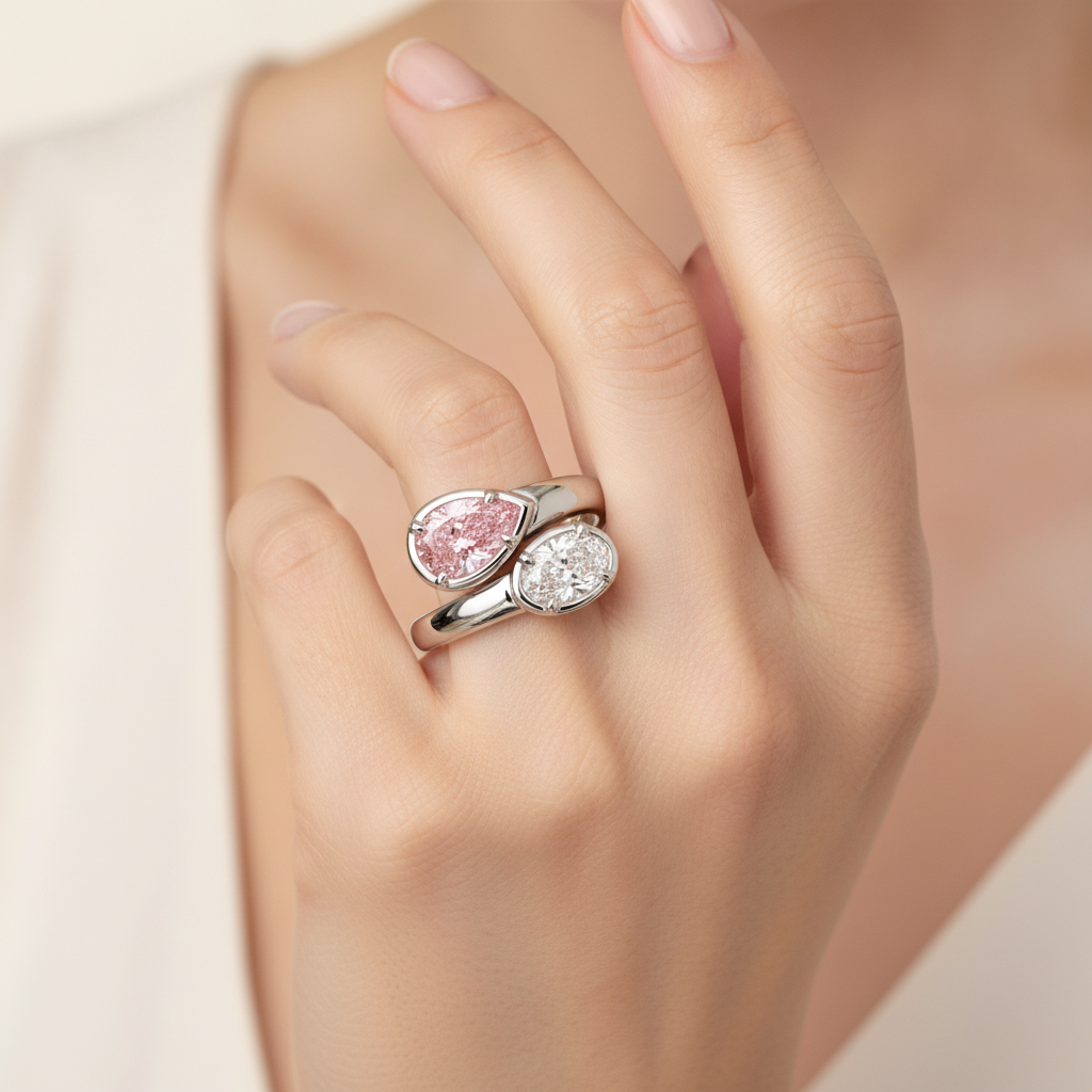 Lab Grown Pink Diamond 1.75 Carat Oval Bypass Ring 14K White Gold
