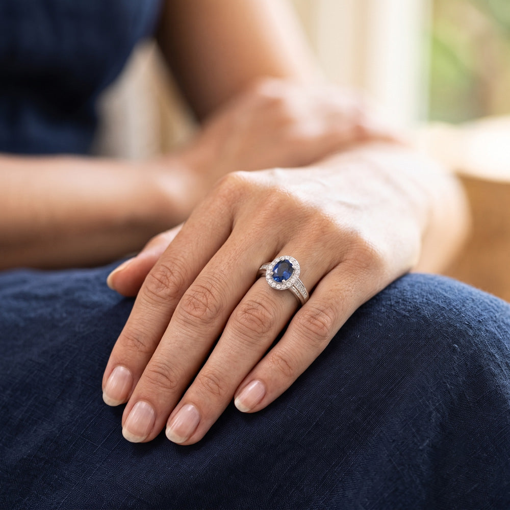 1.80 Carat Sri Lankan Sapphire And Round Natural Earth Mined DIAMOND ( NOT LAB GROWN )s Ring 14K White Gold