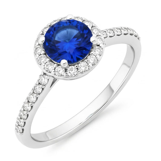 1.80 Ct Round Sri Lanka Sapphire Ring Halo Natural Earth Mined Diamond White Gold