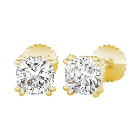 1 Carat Cushion Cut Double Prong Real Diamond Stud Earring Yellow Gold
