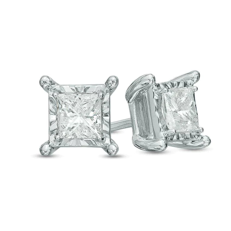 1 Carat Princess Cut Stud Real Diamond Earring 14K Gold Diamond Cut Mounting