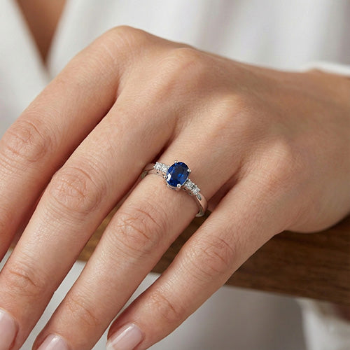 1.40 Ct Ceylon Sapphire With Natural Earth Mined Diamond Five Stone Wedding Ring