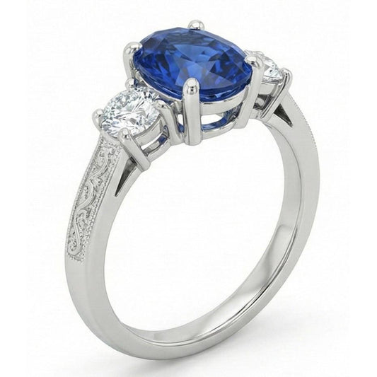 1.5 Ct Oval Sri Lanka Sapphire And Natural Earth Mined DIAMOND ( NOT LAB GROWN ) Three Stone Ring Gold 14K