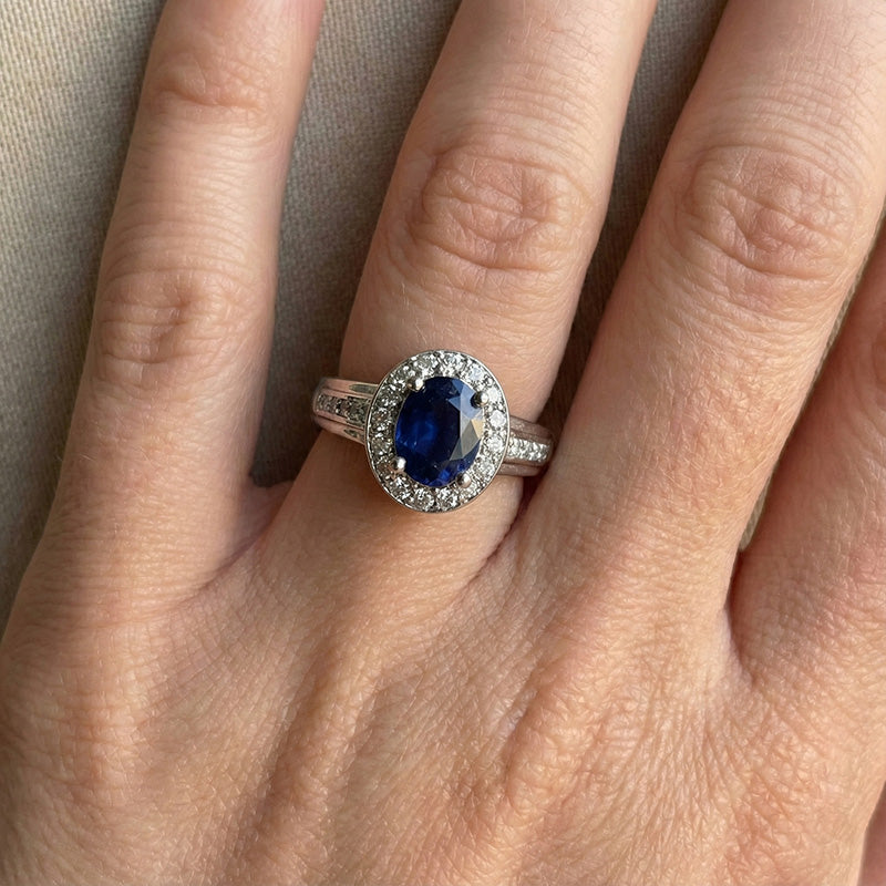 1.80 Carat Sri Lankan Sapphire And Round Natural Earth Mined DIAMOND ( NOT LAB GROWN )s Ring 14K White Gold