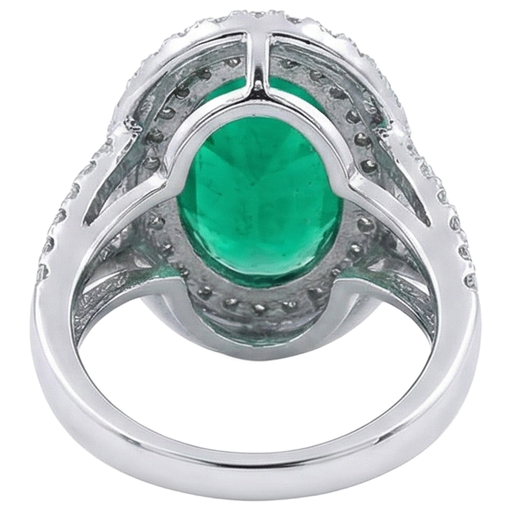 11.25 Carats Oval Cut Green Emerald & Natural Earth Mined Diamond 14K White Gold Anniversary Ring