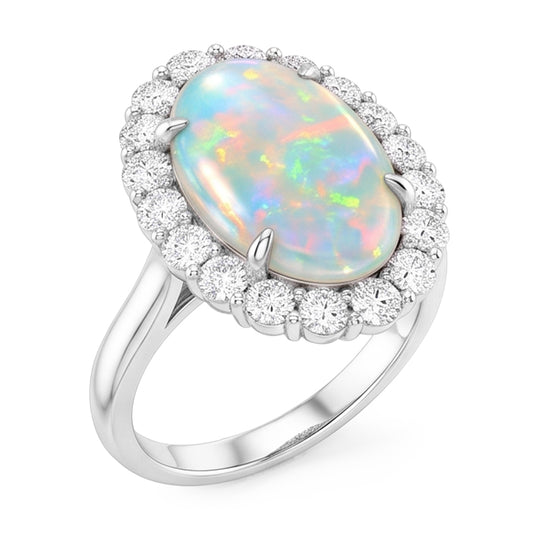 12.50 Carats Opal And Natural Earth Mined Diamonds Wedding Ring New White Gold 14K