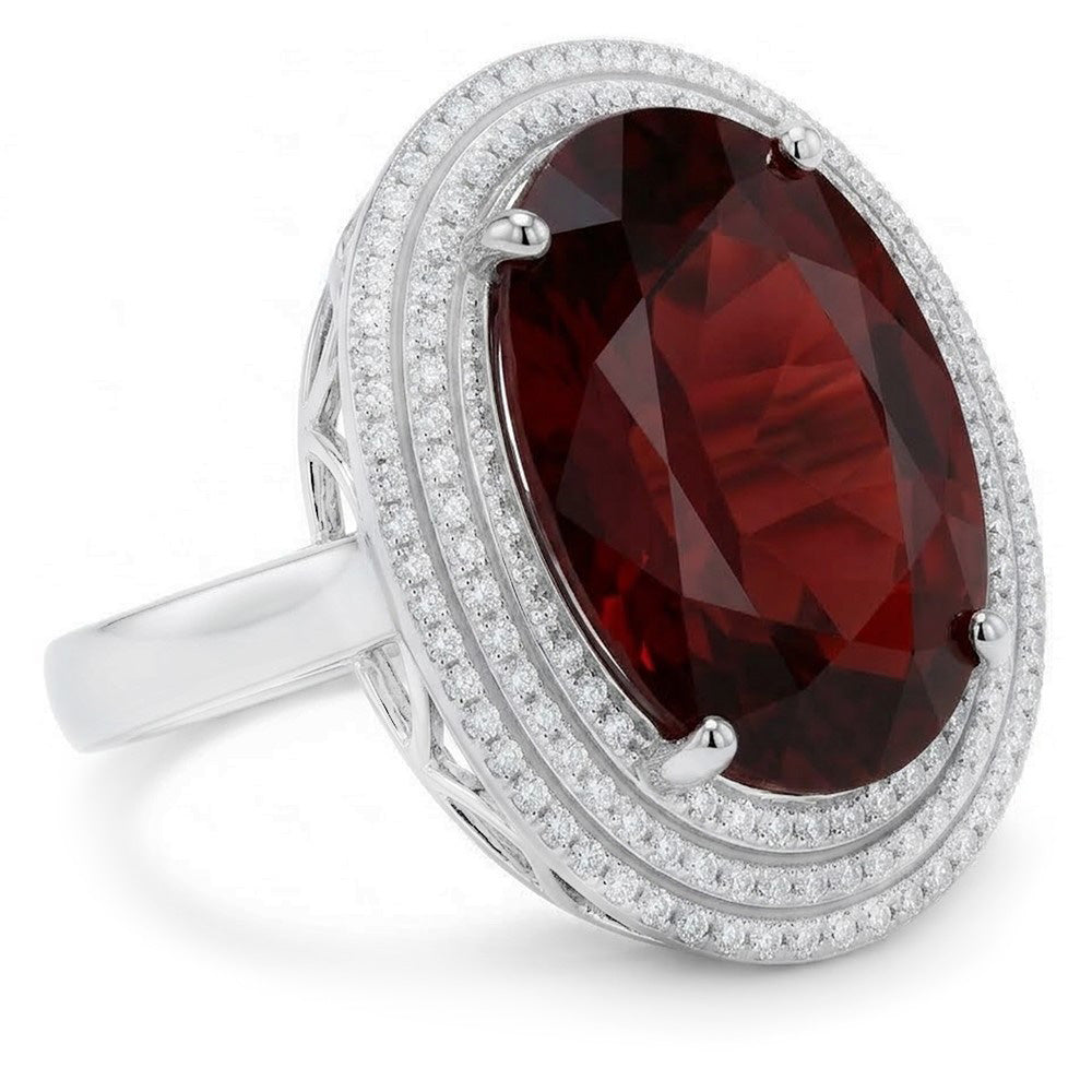 12.50 Ct Oval Mandarin Garnet With Natural Earth Mined Diamonds Ring 14K White Gold