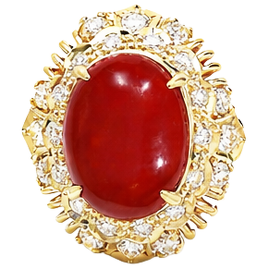 13.50 Ct Oval Red Coral With Round Natural Earth Mined Diamonds Ring Yellow Gold 14K