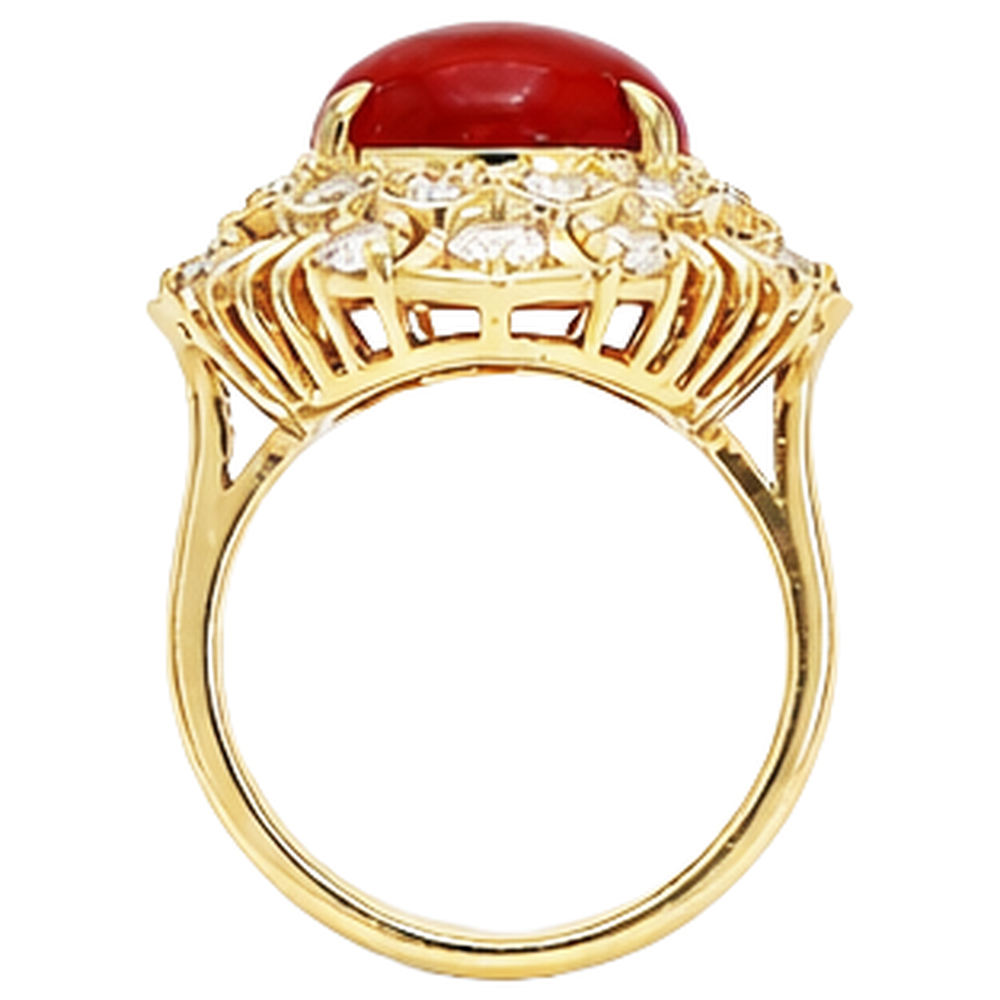 13.50 Ct Oval Red Coral With Round Natural Earth Mined Diamonds Ring Yellow Gold 14K