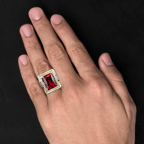 13 Ct Big Emerald Cut Red Aaa Men's Ruby Ring With Natural Earth Mined Diamond Yellow Gold 14K