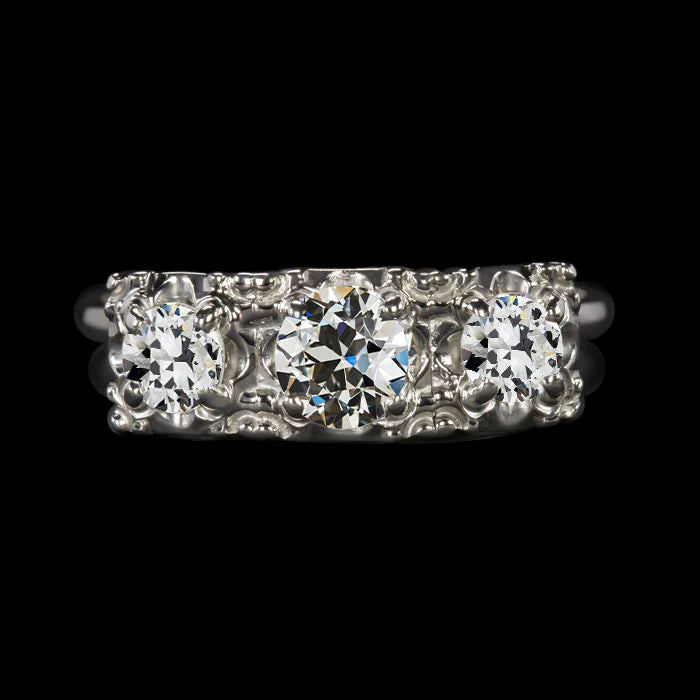14K Gold 3 Stone Round Old Mine Cut Real Diamond Ring 3.50 Carats Jewelry