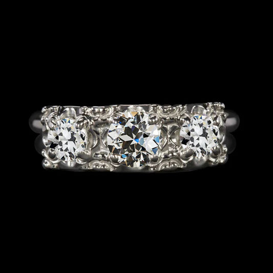 14K Gold 3 Stone Round Old Mine Cut Real Diamond Ring 3.50 Carats Jewelry