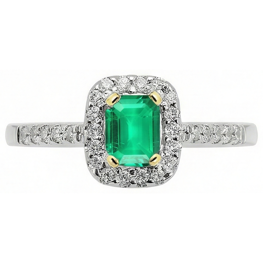 Fine Emerald Step Cut Colored Stone Ring in 14K Two Tone Gold – front view