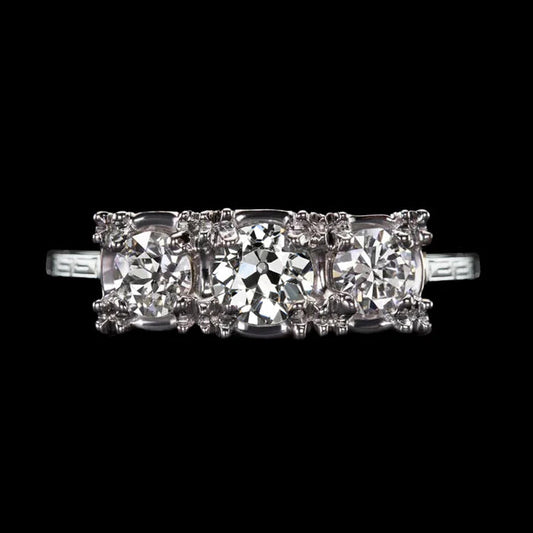 14K Gold Round Old Cut Real Diamond Ring 3 Stone Jewelry 3.50 Carats