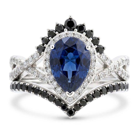 14K White Gold Black Diamond Blue Sapphire Colored Stone Ring 4