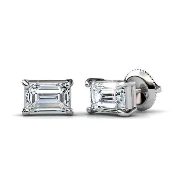 14K White Gold Emerald Cut Solitaire Real Diamond Stud Earring 2 Carats