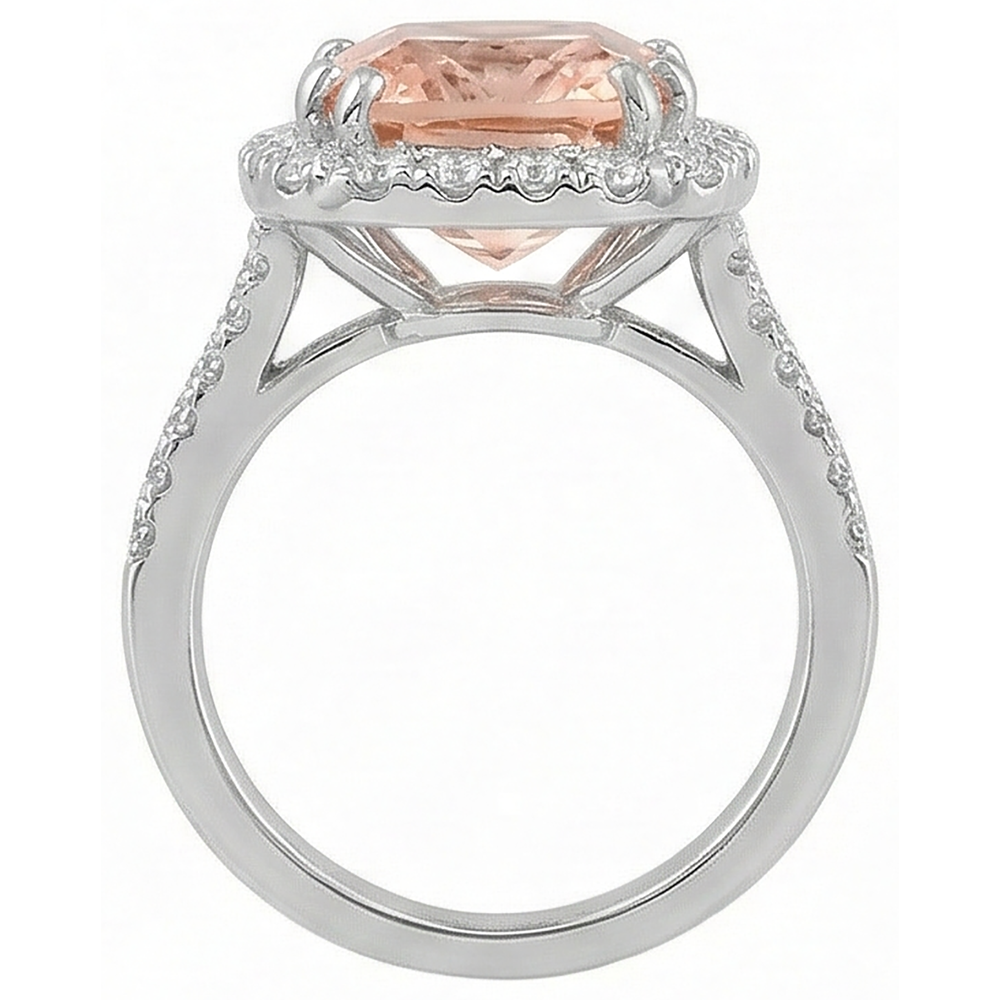 15.25 Ct Cushion Morganite With Round Natural Earth Mined Diamonds Ring 14K White Gold
