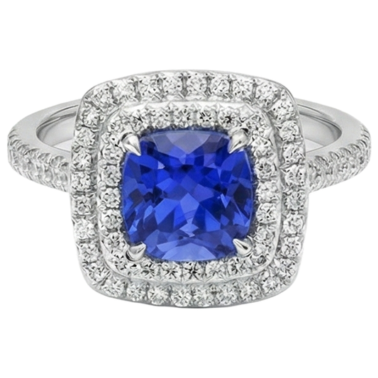 15 Ct Halo Cushion Tanzanite And Natural Earth Mined Diamonds Ring White Gold 14K