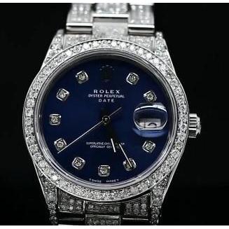 16 Carats Iced Out Custom Diamond Dial Bezel Rolex Date 34Mm Watch