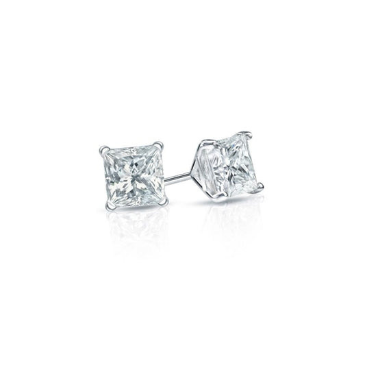 1 Carat Real Princess Cut Natural Earth Mined Diamond Stud Earring 14K White Gold