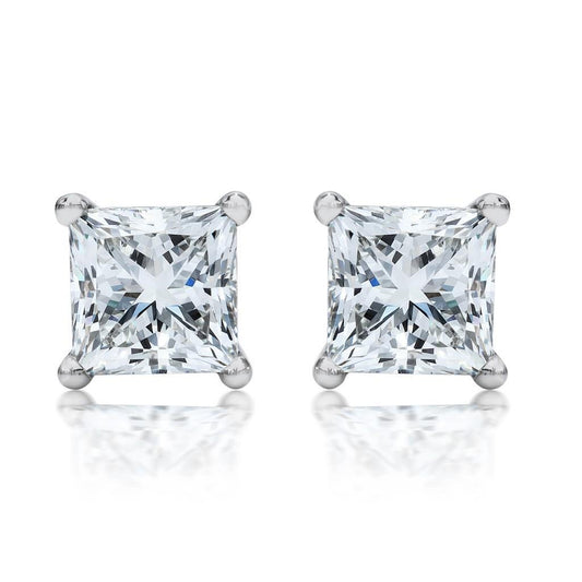 1.5 Ct Four Prong SetReal Princess Diamond Stud Earring 14K White Gold