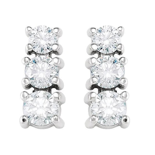 1.5 Ct Three-Stone Natural Diamond Stud Earrings 14K White Gold