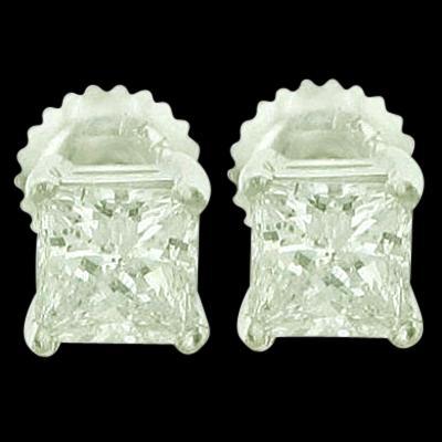 1.50 Carats Princess Genuine Diamond Stud Earrings White Gold 14K Studs