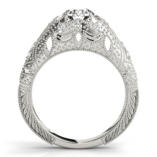 1.50 Carats Real Diamond Engagement Ring Engraved Solid White