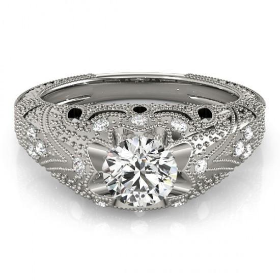 Real Diamond Engagement Ring Engraved Solid White Gold 14K