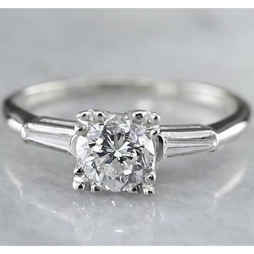 1.50 Carats Round Natural Earth Mined Diamond Three Stone Ring Baguettes White Gold 14K