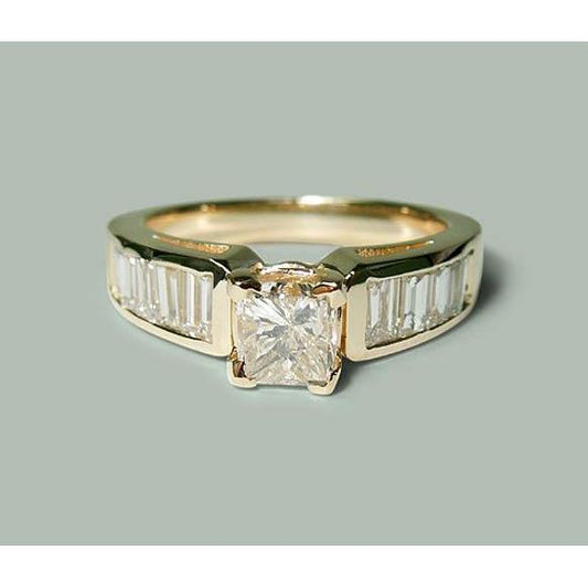 1.50 Ct Princess & Baguette Natural Diamond Engagement Ring Yellow Gold