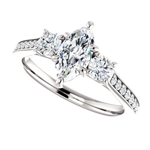 1.85 Ct. 3 Stone Marquise With Round Halo Real Diamonds Ring New