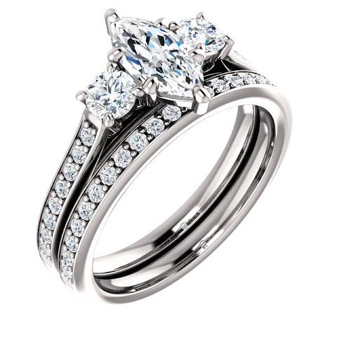 1.85 Ct. 3 Stone Marquise With Round Halo Real Diamonds Ring New