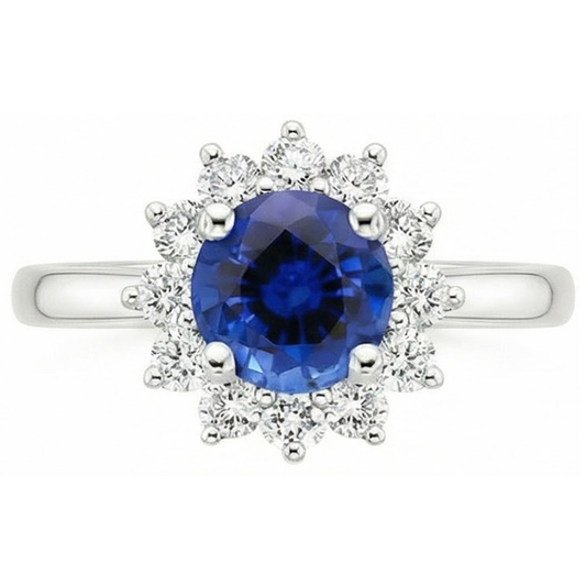 2.20 Carats Round Ceylon Sapphire Ring Natural Earth Mined DIAMOND ( NOT LAB GROWN ) Jewellery Gold White 14K
