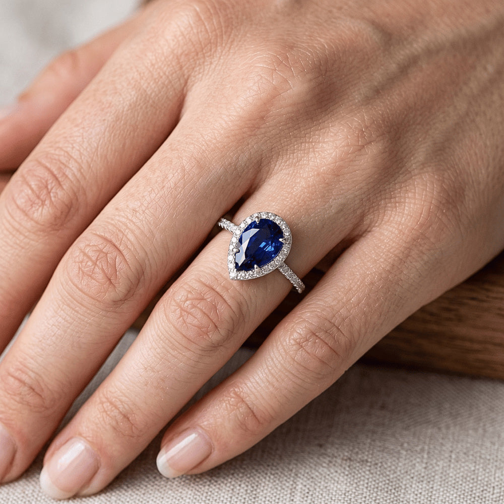 2.30 Carats Pear Cut Sri Lanka Blue Sapphire & Round Natural Earth Mined Diamond Ring
