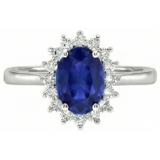 2.5 Carats Blue Oval Cut Sapphire And Natural Earth Mined Diamond Ring White Gold 14K