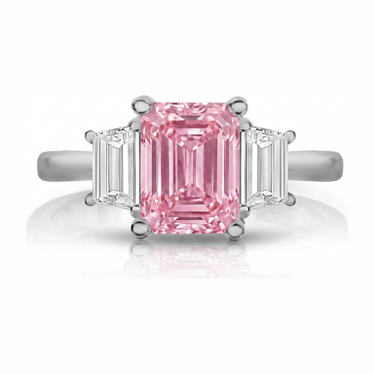 Lab Grown Pink Diamond 2.5 Carat Emerald Three Stone Plain Ring 14K White Gold