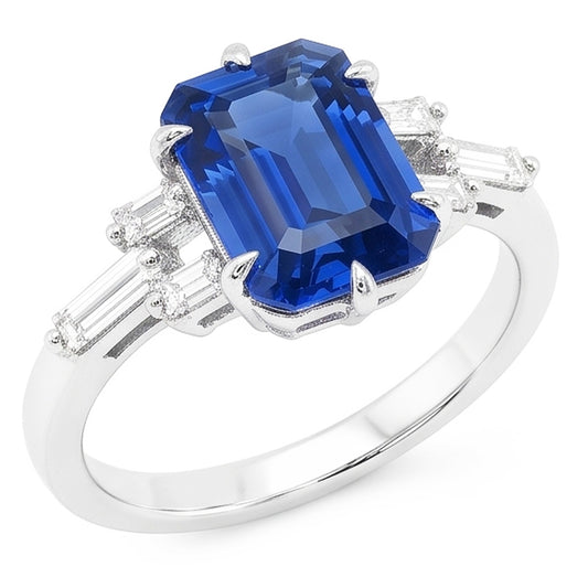 2.50 Carats Baguette Natural Earth Mined Diamond Anniversary Emerald Blue Sapphire Ring