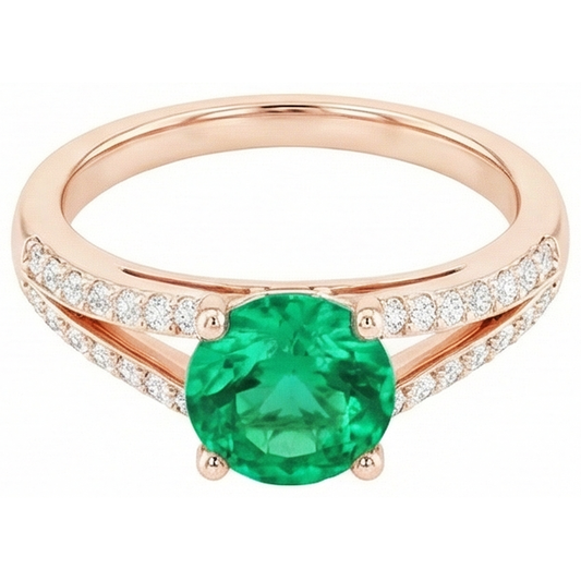 2.85 Ct Round Cut Green Emerald With Natural Earth Mined Diamond 14K Rose Gold