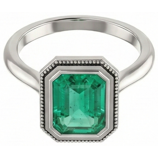 Colombian Emerald Step Cut Precious Stone Ring in 14K Two Tone Gold – front view