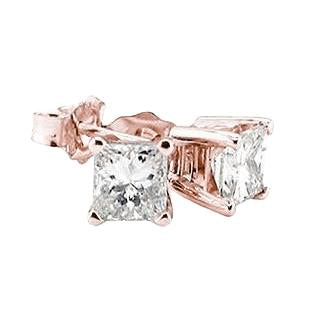 2 Carat Natural Princess Diamonds Stud Earrings Rose Gold