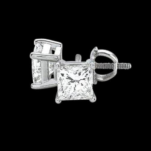 2 Carat Princess Real Diamond Studs Earring Pair Gold
