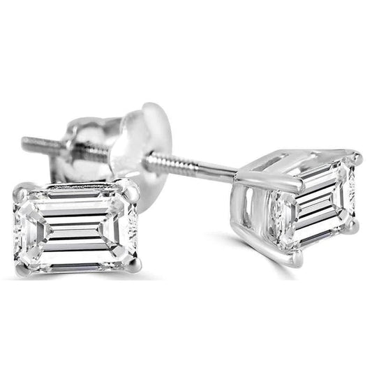 2 Carat Solitaire Emerald Cut Real Diamond Stud Earring White Gold