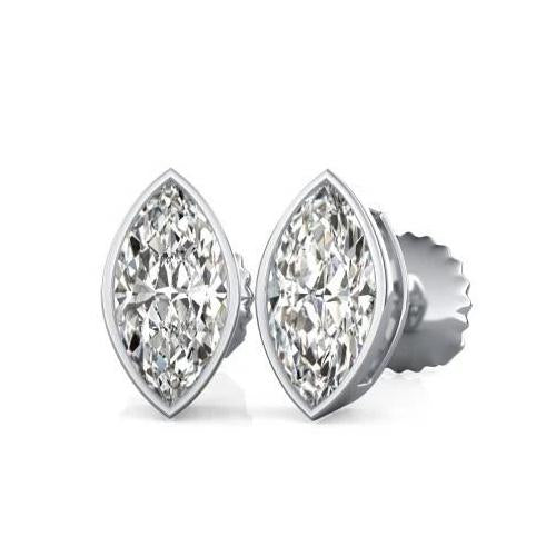 2 Carats Bezel Set Natural Marquise Cut Stud Diamond Women Gold Earring